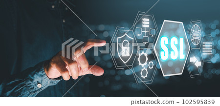 SSL, Secure Sockets Layer concept, Person hand touching Secure Sockets Layer icon on virtual screen with blue bokeh background. SSL, Secure Sockets Layer concept, Person hand touching Secure Sockets Layer icon on virtual screen with blue bokeh background. 102595839