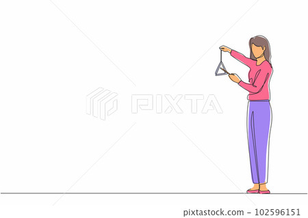 Single continuous line drawing female musician playing musical triangle. Classical music orchestra woman artist with music instrument. Professional musician performs on stage. One line design vector Single continuous line drawing female musician playing musical triangle. Classical music orchestra woman artist with music instrument. Professional musician performs on stage. One line design vector 102596151