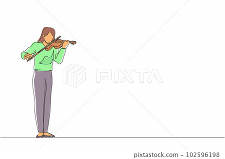 Single one line drawing woman musician playing violin. Classical music performer with musical instrument. Female musician playing violin at music festival. Continuous line design vector illustration Single one line drawing woman musician playing violin. Classical music performer with musical instrument. Female musician playing violin at music festival. Continuous line design vector illustration 102596198
