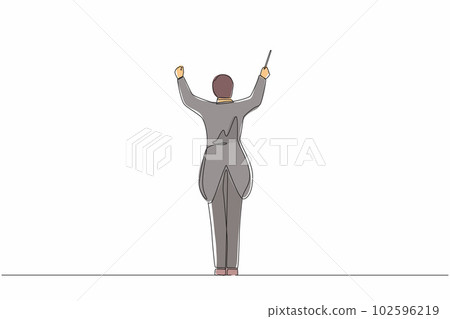 Single continuous line drawing back view of man conductor performing on stage, male musician in tuxedo directing classic instrumental symphony orchestra. One line graphic design vector illustration Single continuous line drawing back view of man conductor performing on stage, male musician in tuxedo directing classic instrumental symphony orchestra. One line graphic design vector illustration 102596219