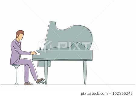 Continuous one line drawing man plays piano. Male performer sits at musical instrument and plays jazz or blues. Professional musician. Person performs on stage. Single line draw design vector graphic Continuous one line drawing man plays piano. Male performer sits at musical instrument and plays jazz or blues. Professional musician. Person performs on stage. Single line draw design vector graphic 102596242
