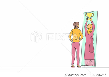 Single one line drawing Arab girl standing in front of mirror looking at her reflection, imagine herself successful with lift up trophy cup. Narcissistic woman. Continuous line design graphic vector Single one line drawing Arab girl standing in front of mirror looking at her reflection, imagine herself successful with lift up trophy cup. Narcissistic woman. Continuous line design graphic vector 102596254