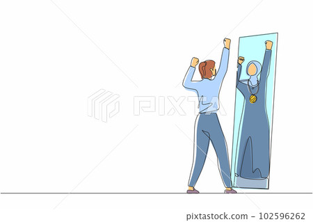 Single one line drawing narcissistic Arabian businesswoman looking at mirror, seeing in reflection of herself with gold medal, self confidence. Continuous line draw design graphic vector illustration Single one line drawing narcissistic Arabian businesswoman looking at mirror, seeing in reflection of herself with gold medal, self confidence. Continuous line draw design graphic vector illustration 102596262