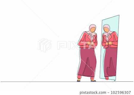 Single continuous line drawing beautiful Arabian businesswoman looking at mirror, look at herself, adjusting her shirt button of formal wear hijab, prepare herself for working. One line design vector Single continuous line drawing beautiful Arabian businesswoman looking at mirror, look at herself, adjusting her shirt button of formal wear hijab, prepare herself for working. One line design vector 102596307