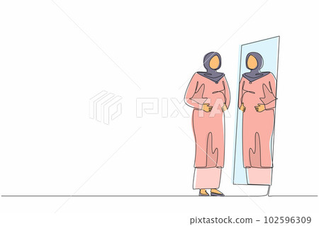 Single one line drawing Arabian businesswoman standing in front of mirror and see herself getting big belly with holding her stomach. Oversized and obesity. Continuous line draw design graphic vector Single one line drawing Arabian businesswoman standing in front of mirror and see herself getting big belly with holding her stomach. Oversized and obesity. Continuous line draw design graphic vector 102596309