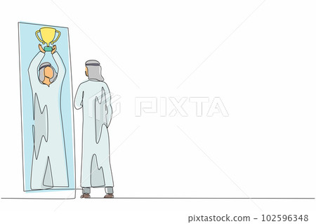 Single continuous line drawing Arabian businessman looking himself happy and successful in mirror reflection with lifting up trophy cup. Success in business and winner. One line graphic design vector Single continuous line drawing Arabian businessman looking himself happy and successful in mirror reflection with lifting up trophy cup. Success in business and winner. One line graphic design vector 102596348