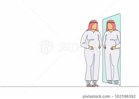 Single continuous line drawing Arabian businessman standing in front of mirror and see himself getting big belly with holding his stomach. Oversized and obesity. One line draw graphic design vector Single continuous line drawing Arabian businessman standing in front of mirror and see himself getting big belly with holding his stomach. Oversized and obesity. One line draw graphic design vector 102596392
