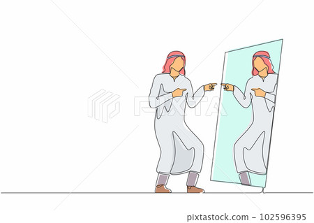Continuous one line drawing narcissistic Arabian businessman looks at mirror. Man self reflection. Narcissism and vanity. Look selfishness, narcissistic and admiring. Single line draw design vector Continuous one line drawing narcissistic Arabian businessman looks at mirror. Man self reflection. Narcissism and vanity. Look selfishness, narcissistic and admiring. Single line draw design vector 102596395