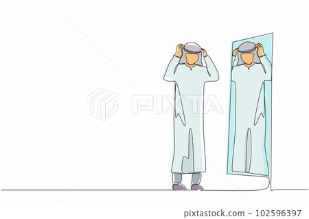 Single one line drawing Arab businessman adjusting turban in front of mirror. Man checking his appearance in mirror. Male manager looking himself in mirror. Continuous line draw design graphic vector 102596397