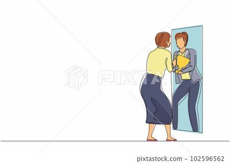Single one line drawing businesswoman looking herself. Female in front of mirror, optimism, positive, self confidence. Reflection reward with trophy cup, winner. Continuous line graphic design vector Single one line drawing businesswoman looking herself. Female in front of mirror, optimism, positive, self confidence. Reflection reward with trophy cup, winner. Continuous line graphic design vector 102596562