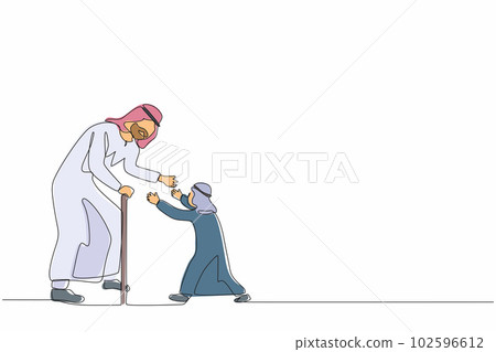 Single one line drawing happy little boy running to hug his grandfather. Arab grandson visiting grandparents. Senior man welcoming grandchild at home. Continuous line draw design vector illustration Single one line drawing happy little boy running to hug his grandfather. Arab grandson visiting grandparents. Senior man welcoming grandchild at home. Continuous line draw design vector illustration 102596612