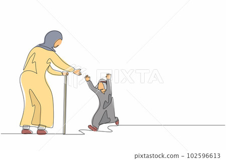 Continuous one line drawing Arabian little boy meeting their grandparents. Happy family visiting grandfather and grandmother. Grandson running to hug grandma. Single line draw design vector graphic Continuous one line drawing Arabian little boy meeting their grandparents. Happy family visiting grandfather and grandmother. Grandson running to hug grandma. Single line draw design vector graphic 102596613