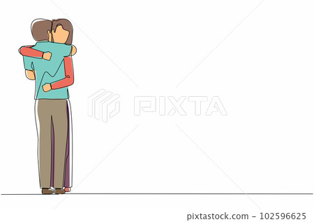 Single one line drawing excited wife embracing beloved husband at home on return from business trip. Happy young couple cuddling celebrating anniversary. Continuous line design vector illustration 102596625