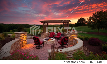 Relaxing Retreat: Cozy Backyard with Fire Pit and Pergola Seating, Generative AI 102596863