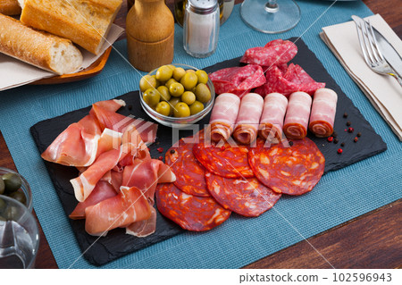 Spanish sausage sliced - chorizo, fuet, jamon, salami, bacon 102596943
