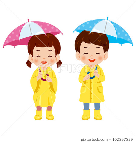 girl and boy in raincoats girl and boy in raincoats 102597559