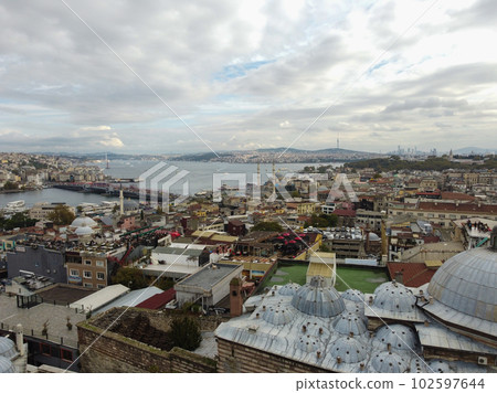 Aerial drone view of the Mosque, huge Ottoman imperial mosque in Istanbul,Turkey Aerial drone view of the Mosque, huge Ottoman imperial mosque in Istanbul,Turkey 102597644