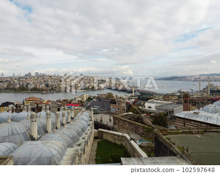 Aerial drone view of the Mosque, huge Ottoman imperial mosque in Istanbul,Turkey Aerial drone view of the Mosque, huge Ottoman imperial mosque in Istanbul,Turkey 102597648