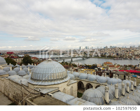 Aerial drone view of the Mosque, huge Ottoman imperial mosque in Istanbul,Turkey Aerial drone view of the Mosque, huge Ottoman imperial mosque in Istanbul,Turkey 102597650
