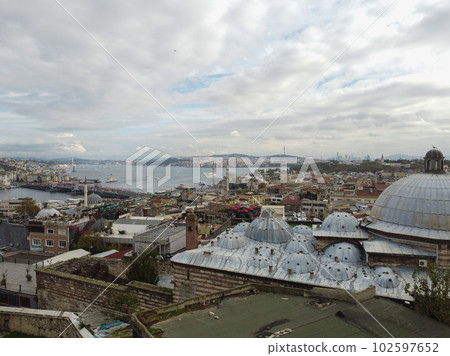 Aerial drone view of the Mosque, huge Ottoman imperial mosque in Istanbul,Turkey Aerial drone view of the Mosque, huge Ottoman imperial mosque in Istanbul,Turkey 102597652