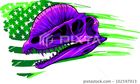Dilophosaurus dinosaur skull fossil with american flag Dilophosaurus dinosaur skull fossil with american flag 102597913