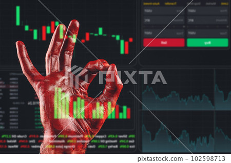 Close-up of a male hand showing an ok sign, covered in blood. financial crime. Stock charts on a virtual screen. 102598713