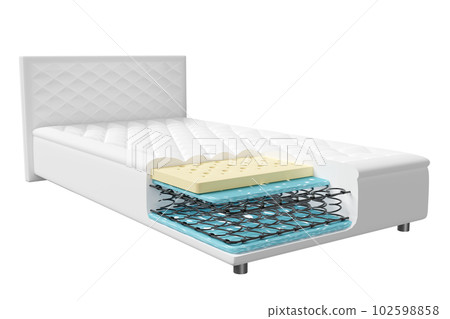 3d layered sheet material mattress with air fabric, coil spring, natural latex, memory foam isolated. 3d render illustration 102598858