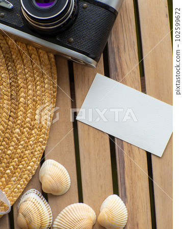 Travel background with straw hat, photo camera and shells 102599672