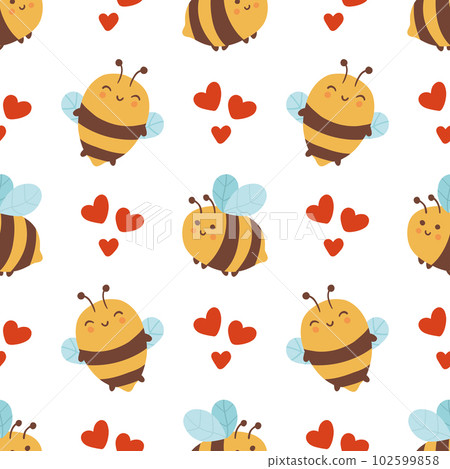 Funny bees and hearts seamless pattern. Vector naive characters in scandinavian hand-drawn cartoon style. 102599858