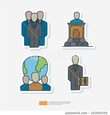 Business Leader and International Politician Doodle Sticker Icon. Standing at the Podium. Presidential Conference Meeting Summit vector illustration 102600348