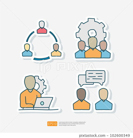Set of Doodle Sticker Icon. Team Communication Conversation, Teamwork, Leader and Workers, Cooperation. Vector illustration 102600349