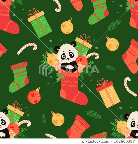Seamless pattern with cute panda in Christmas boot with Christmas tree branches, balls and gingerbread on green background with gifts. Vector illustration in flat cartoon style 102600397