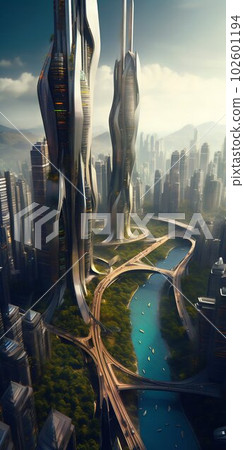 Futuristic Cities Skyscraping Towers High Angle View Advanced Infrastructure. Generative ai Futuristic Cities Skyscraping Towers High Angle View Advanced Infrastructure. Generative ai 102601194
