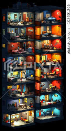 Illuminated Interior Colorful Apartment at Night with Many Balconies. Generative ai 102601206