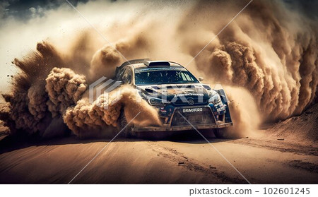 Rally Car Driving in Dirt, Causing Black Clouds of Dust. Generative ai 102601245