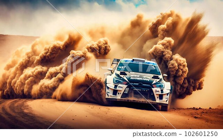 Rally Car Driving in Dirt, Causing Black Clouds of Dust. Generative ai Rally Car Driving in Dirt, Causing Black Clouds of Dust. Generative ai 102601250