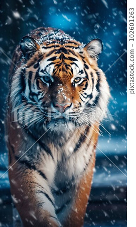 Siberian Tiger on Snowflakes Winter Background. Generative ai Siberian Tiger on Snowflakes Winter Background. Generative ai 102601263