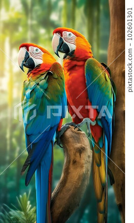 Couple of Vibrant and Colorful Macaws, Perched on Tropical Tree Branches. Generative ai 102601301