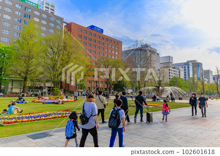 Hokkaido Sapporo City Odori Park bustling during Golden Week 102601618