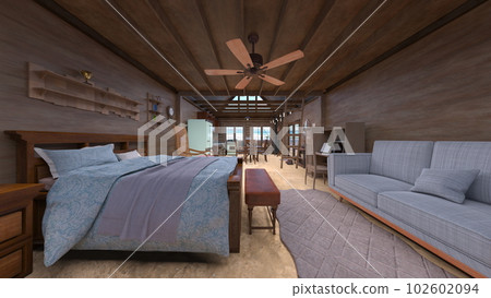 One room with wooden interior One room with wooden interior 102602094