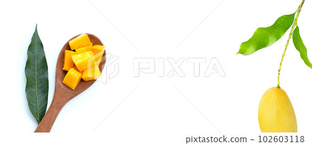 Mango cube slices on white background. Mango cube slices on white background. 102603118