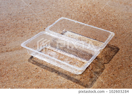 Plastic food container on the beach 102603284