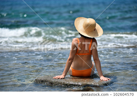 Sexy bikini tanning woman relaxing on the beach with a hat 102604570