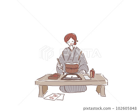 穿著和服寫書法的女人(背景白色) 穿著和服寫書法的女人(背景白色) 102605848