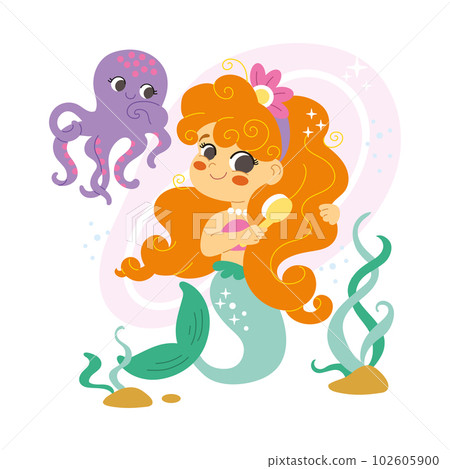 Cute Cartoon Mermaid brushes her hair vector illustration Cute Cartoon Mermaid brushes her hair vector illustration 102605900