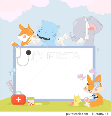 Cartoon Frame with Cute Patients Animals, Sick Characters Cartoon Frame with Cute Patients Animals, Sick Characters 102608261