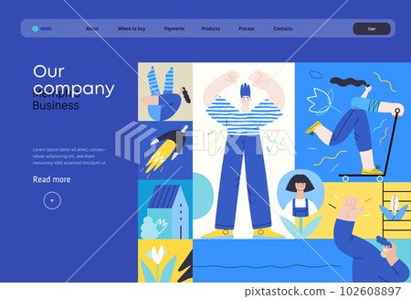 Memphis business illustration - our team, header. Flat style modern outlined vector concept illustration. Group of people, creaw, standing together. Corporate teamwork business metaphor. Memphis business illustration - our team, header. Flat style modern outlined vector concept illustration. Group of people, creaw, standing together. Corporate teamwork business metaphor. 102608897