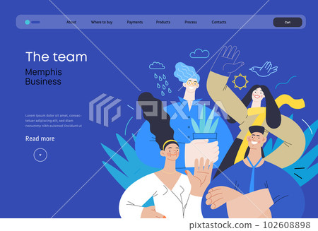 Memphis business illustration - our team, header. Flat style modern outlined vector concept illustration. Group of people, creaw, standing together. Corporate teamwork business metaphor. Memphis business illustration - our team, header. Flat style modern outlined vector concept illustration. Group of people, creaw, standing together. Corporate teamwork business metaphor. 102608898