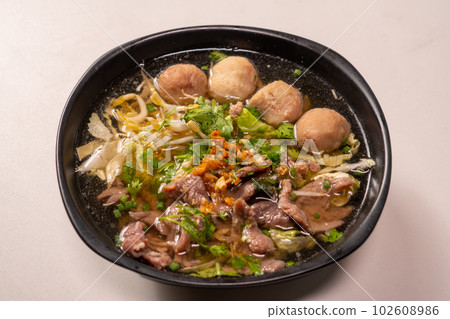 Top view meat chinese clear soup 102608986