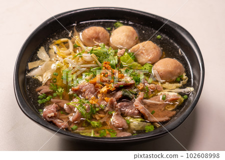 Top view meat chinese clear soup 102608998